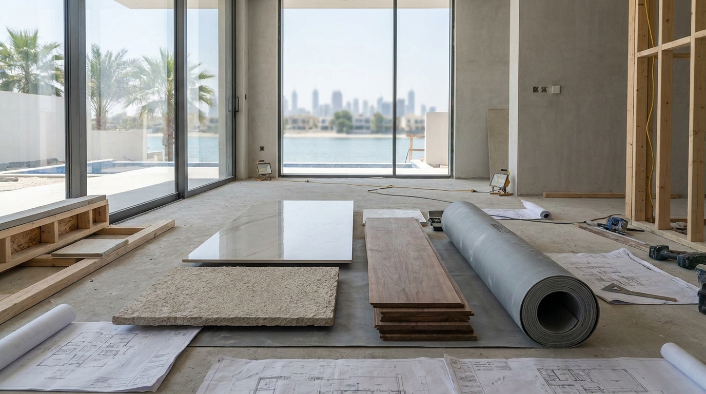 Jumeirah Islands villa remodeling materials, including porcelain, stone, joinery veneer, and waterproofing details
