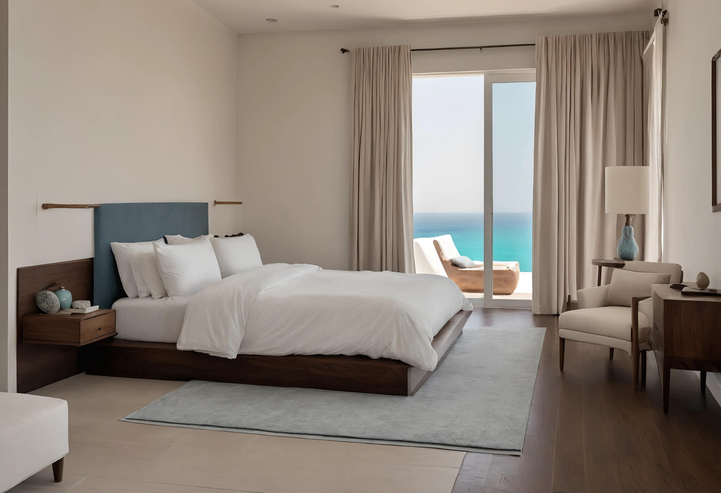Al Marjan Island apartment bedroom with a blue upholstered headboard, timber bed, pale rug, armchair and sliding doors to a sea-facing terrace