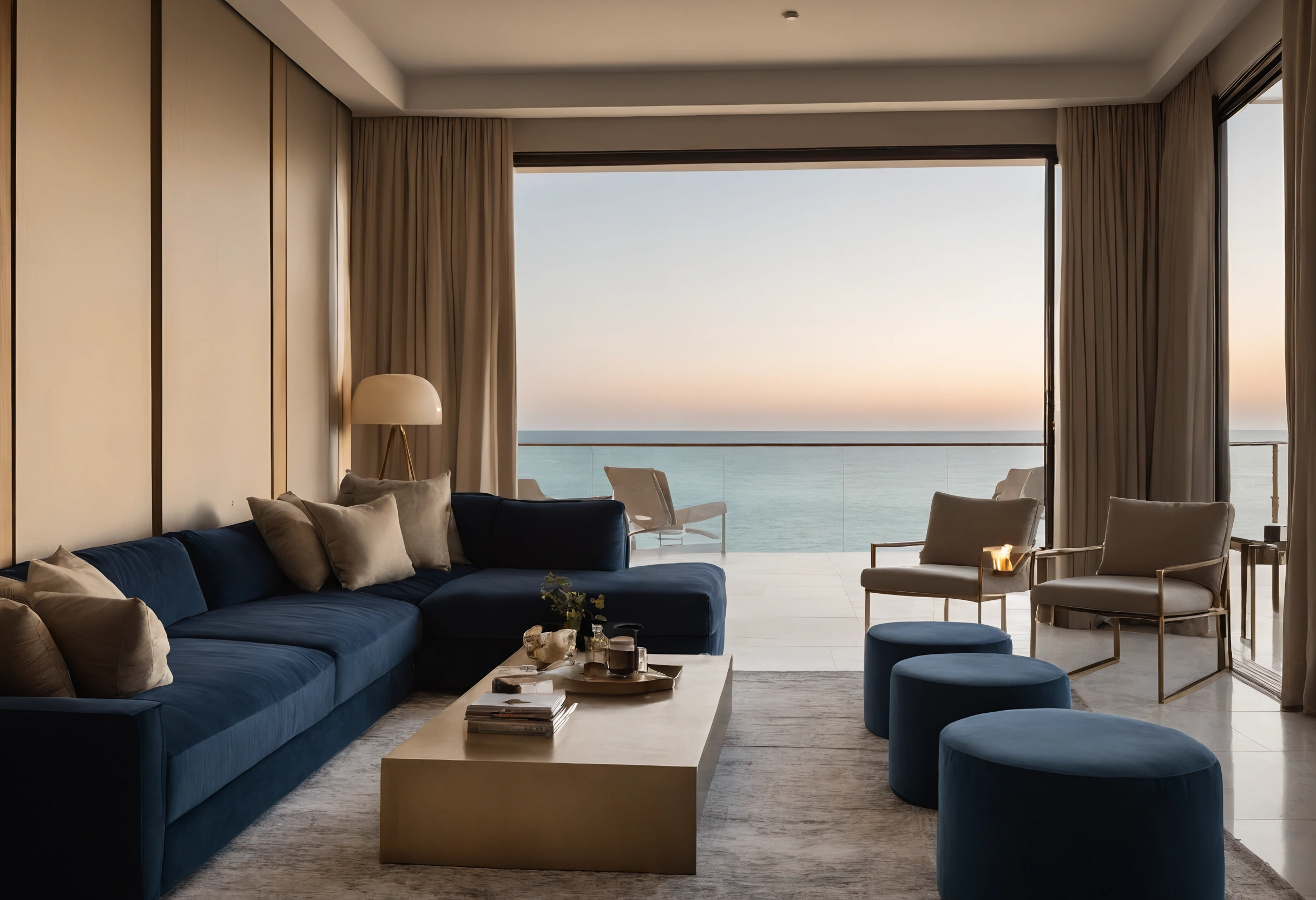 Al Marjan Island apartment lounge at dusk with a navy velvet sofa, brass coffee table, table lamp and terrace facing the sea